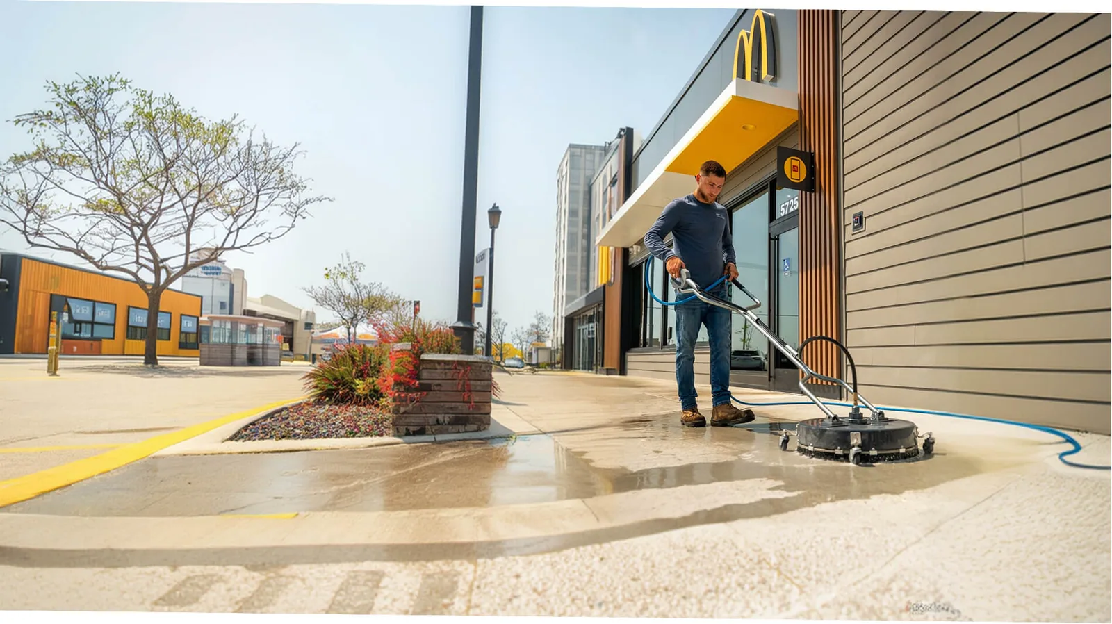 Easiwash central pressure washing system in use at a commercial property