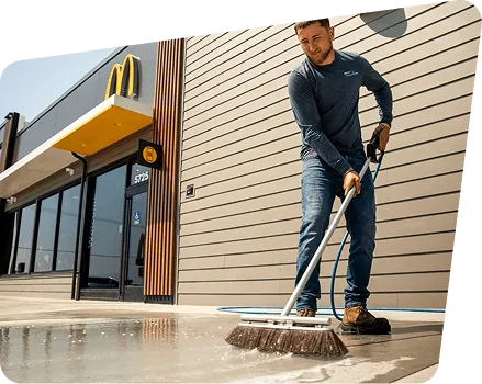 Technician cleaning a commercial drive-thru with an Easiwash remote station